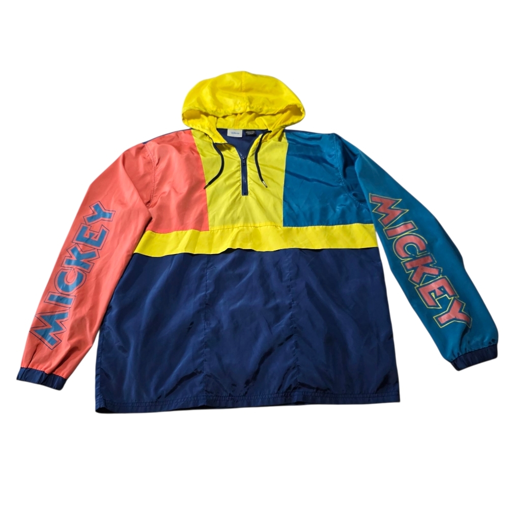 Disney Mickey Mouse Colorblock Windbreaker Pullover Hooded Jacket Large W/Pocket
